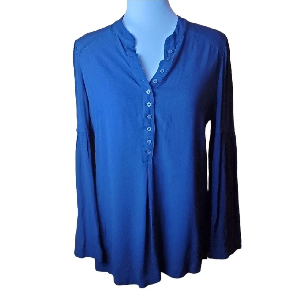 Free People Easy Girl Bell Sleeve Top Navy